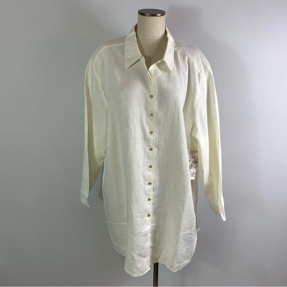 NWT J. Jill Women's 3X Off White 100% Linen Long Sleeve Button Front Shirt
